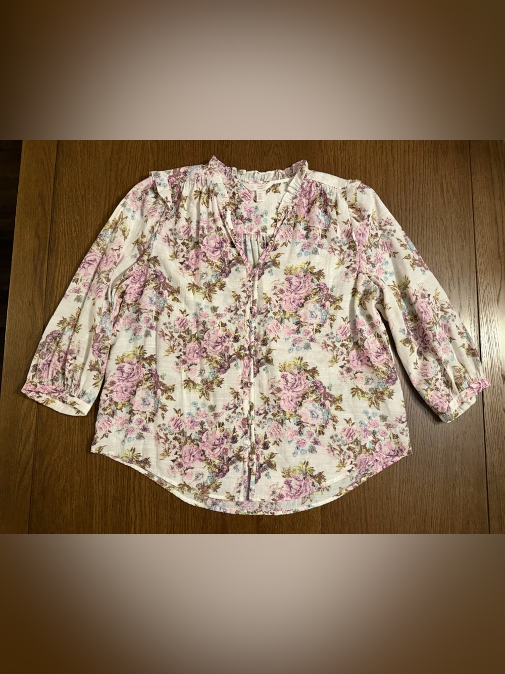 LC Lauren Conrad Ivory Button Down Blouse with Pink and Purple Floral Print